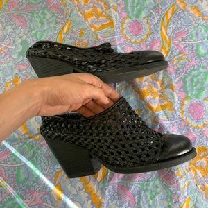 Jeffrey Campbell Black Leather woven mules clogs 7